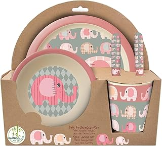 POS 30750 - Frühstücksset 5 teilig aus Bambus mit niedlichem Elefantinis Motiv, besteht aus Teller, Schale, Becher, Gabel und Löffel, für kleine Kinder, bpa- und phthalatfrei, spülmaschinengeeignet