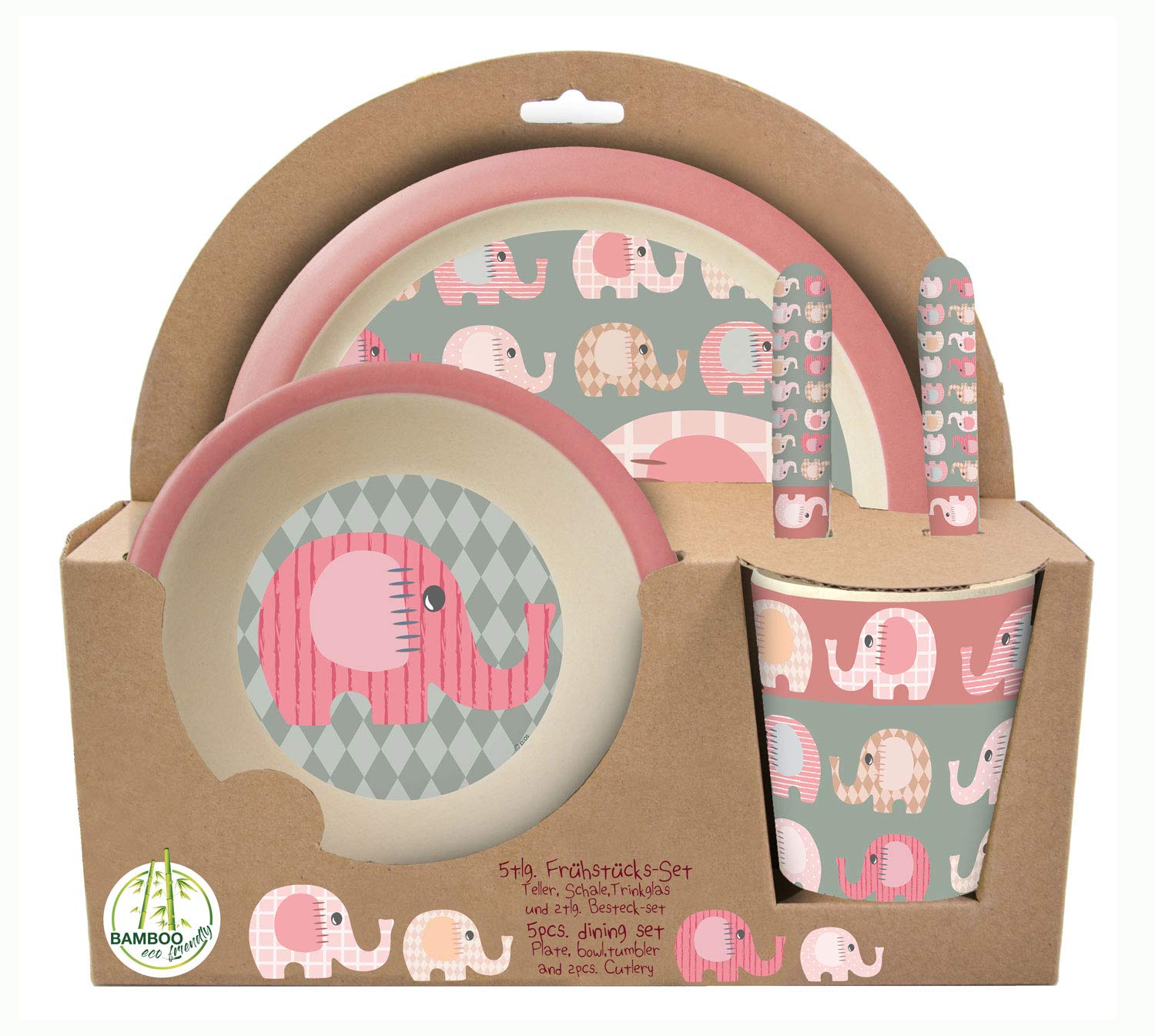 POS 30750 - Frühstücksset 5 teilig aus Bambus mit niedlichem Elefantinis Motiv, besteht aus Teller, Schale, Becher, Gabel und Löffel, für kleine Kinder, bpa- und phthalatfrei, spülmaschinengeeignet