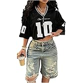 SweatyRocks Women's Number Graphic Jersey Shirts Y2k Crop Jerseys V Neck Oversized Baggy Tops Streetwear