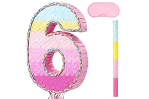 WERNNSAI Number 6 Pinata - 6th Birthday Party Decorations Pink 6 Birthday Pinata with Stick Blindfold Pull Strings for 6th An