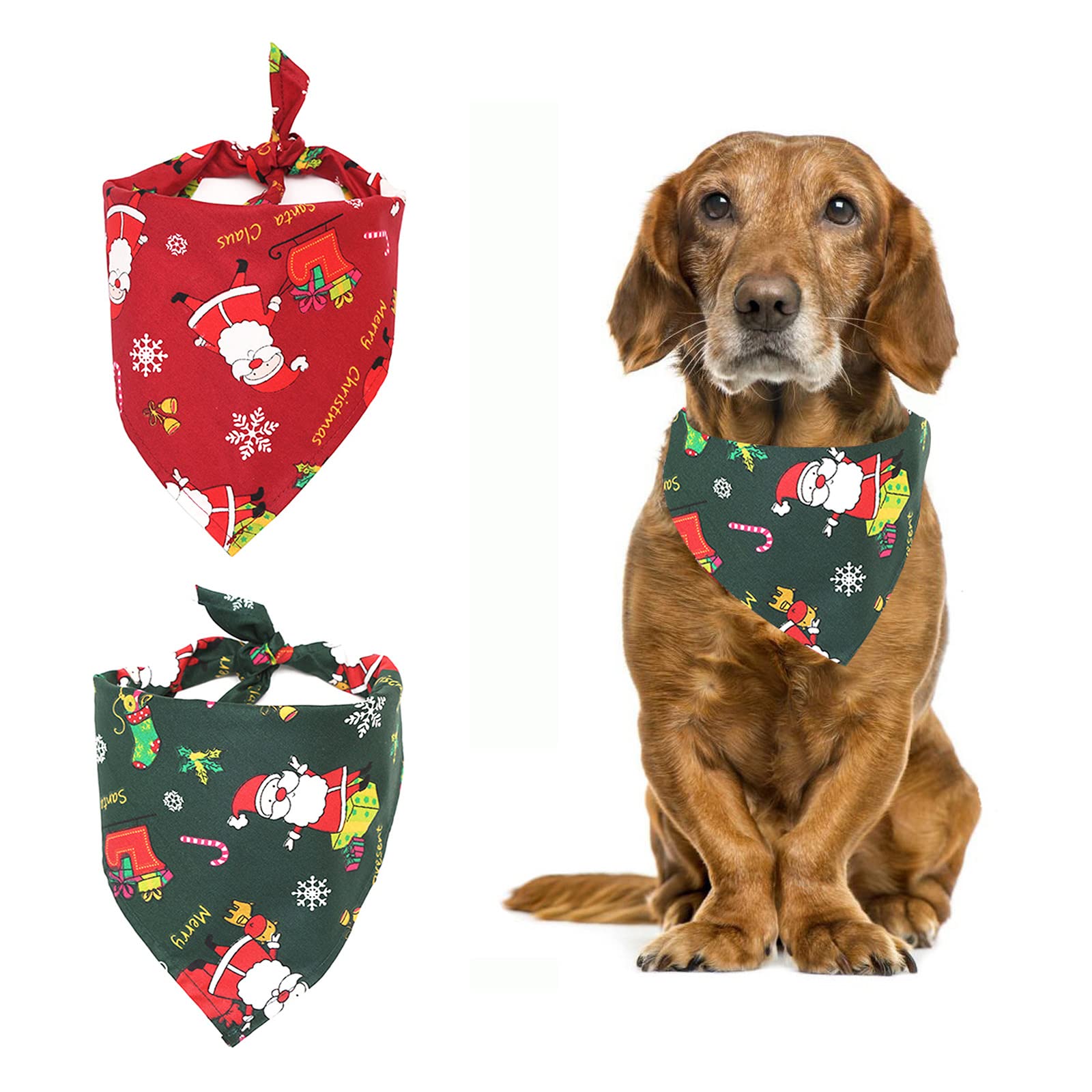 Dog Bandana Christmas, 2 Pieces Dog Bandanas XMas Pet Triangle Scarf XMas Dog Kerchief Set Triangle Bibs Santa Scarves Gift Dog Costume Accessories Gift for Dog, Puppy and Cats(Red+Green)
