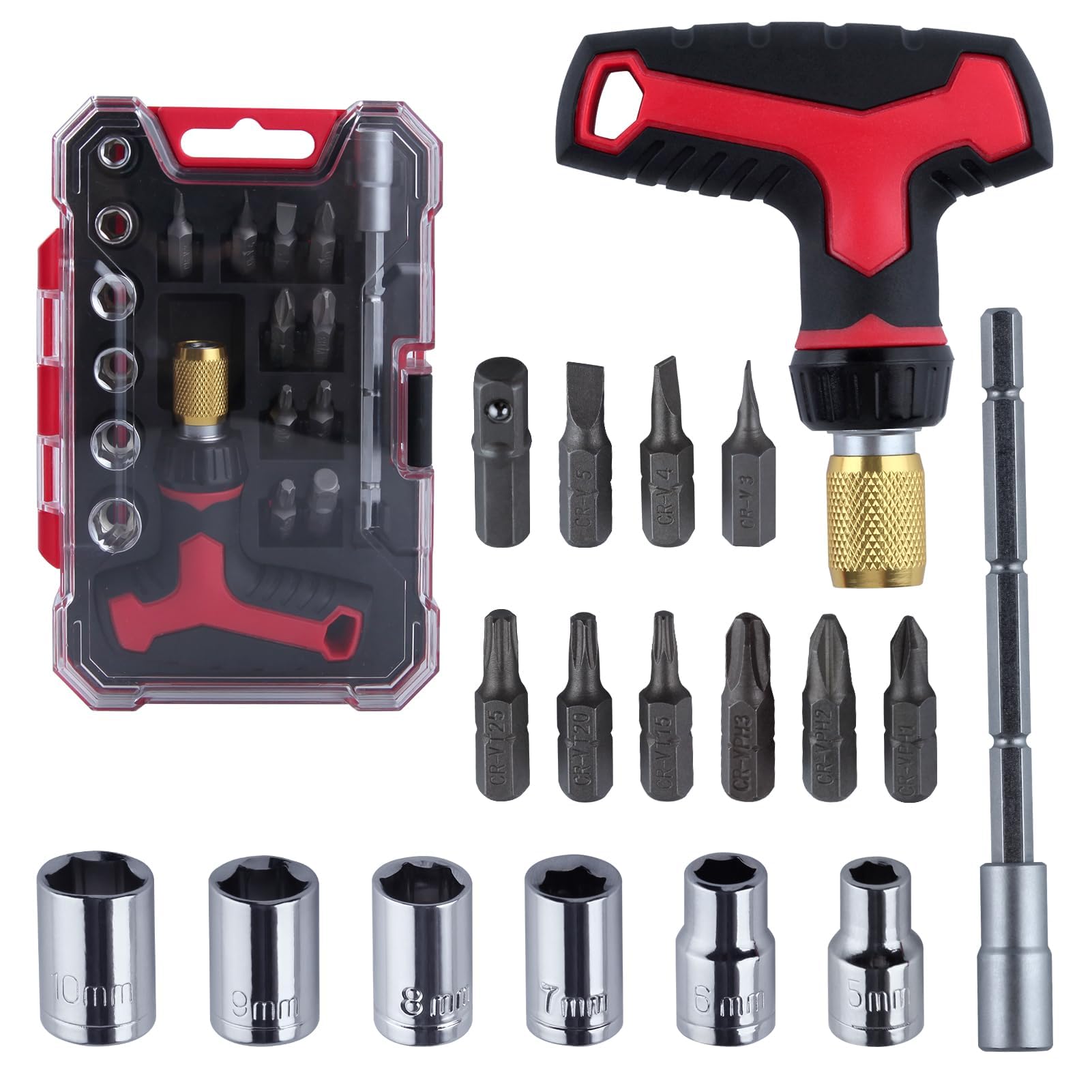 LEONTOOL 18 Pieces T-Handle Ratchet Wrench and Screwdriver Set, 3 Adjustable Handle Positions Magnetic Multi-Bit Ratcheting Screwdriver and Socket Set with Quick-Load Mechanism for Home & Garage