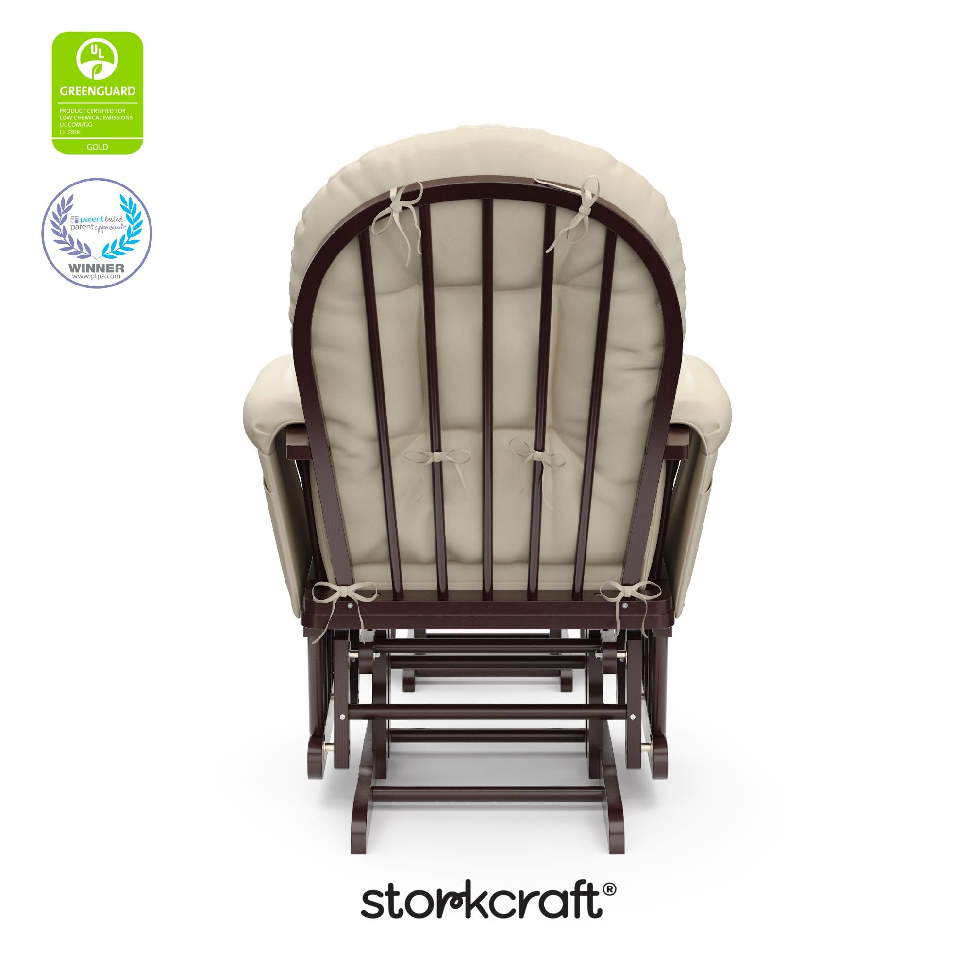 Storkcraft Premium Hoop Glider & Ottoman (Espresso with Beige) — GREENGUARD Gold Certified, Solid Wood Craftsmanship, Convenient Storage Pockets, Smooth-Gliding Chair for Nursery, Multi-Award-Winning