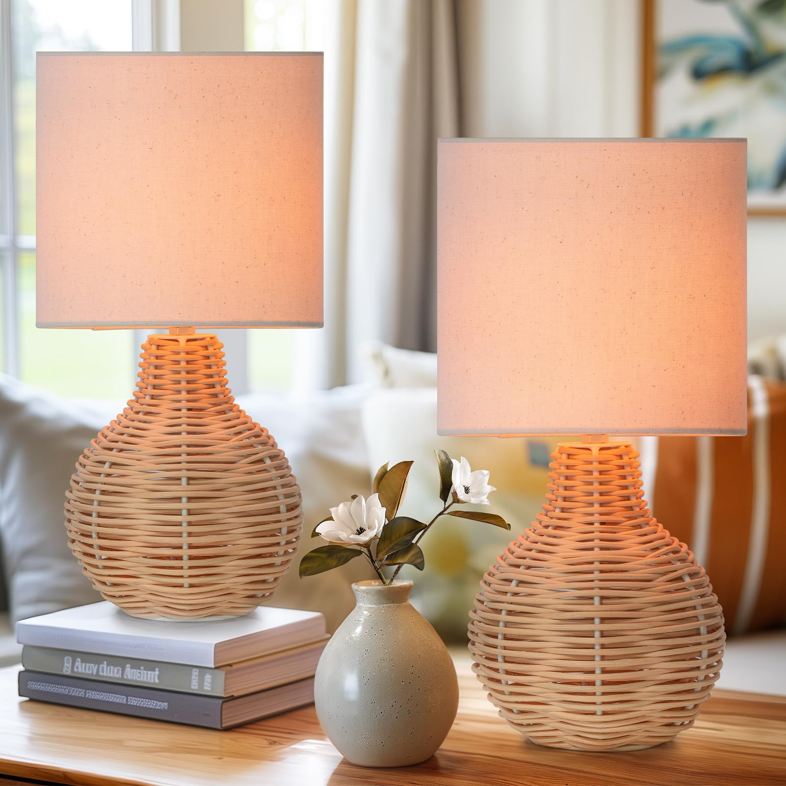 Photo 1 of **INCOMPLETE** VELXEE Rattan Table Lamp, Vintage Wicker Wooden Nightstand Lamp Set of 2, Boho Bamboo Woven End Table Lamp for Bedroom Living Room Desk Room