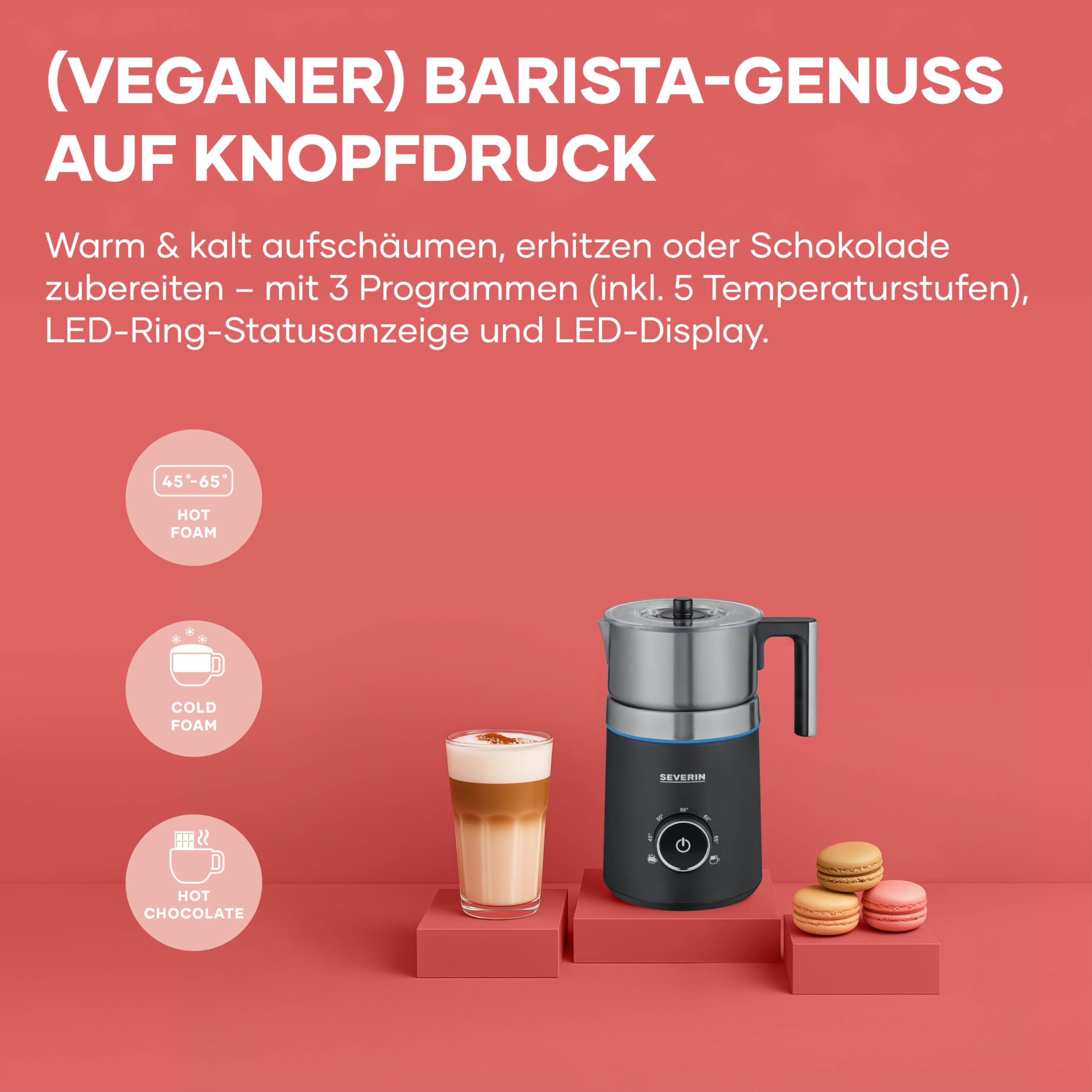 SEVERIN SPUMA 700 Induktions-Milchaufschäumer, elektrischer Milchaufschäumer ohne Anbrennen, spülmaschinengeeigneter Milchschäumer, Edelstahl-gebürstet/schwarz-matt, SM 3586 4
