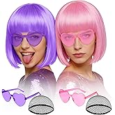MEEZY 2 Pcs Colorful Bob Wigs with Bangs Pink Purple for Women, Neon Funny Wig Short Bob Hair with Heart Sunglasses Hair Cap for Halloween Costume Cosplay Birthday Bachelorette Party Carnival