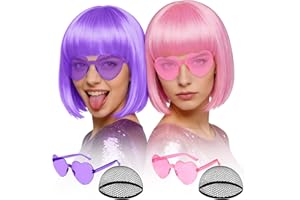 MEEZY 2 Pcs Colorful Bob Wigs with Bangs Pink Purple for Women, Neon Funny Wig Short Bob Hair with Heart Sunglasses Hair Cap for Halloween Costume Cosplay Birthday Bachelorette Party Carnival