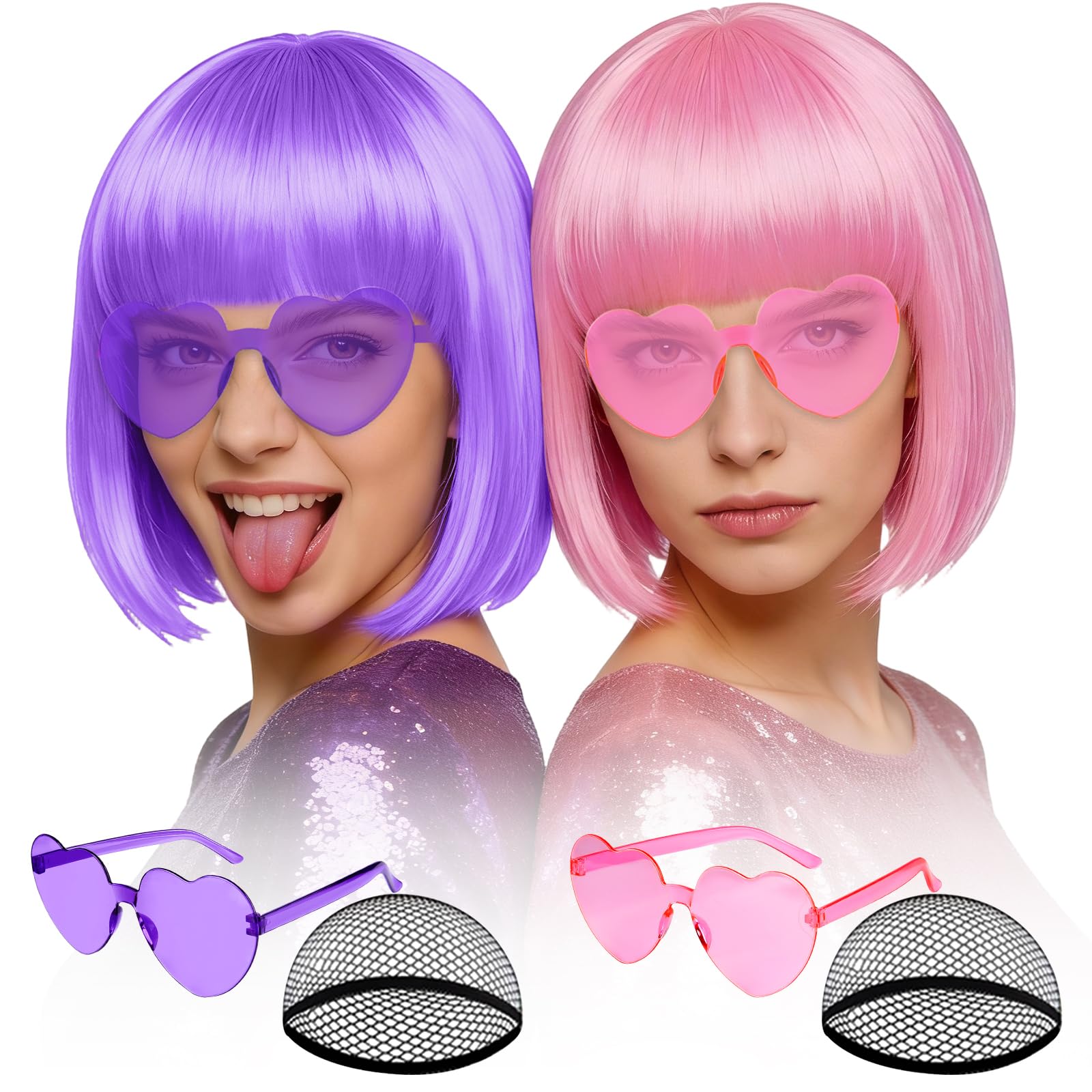 Photo 1 of **PURPLE WIG ONLY NO ACCESSORIES** MEEZY 2 Pcs Colorful Bob Wigs with Bangs Pink Purple for Women, Neon Funny Wig Short Bob Hair with Heart Sunglasses Hair Cap for Halloween Costume Cosplay Birthday Bachelorette Party Carnival