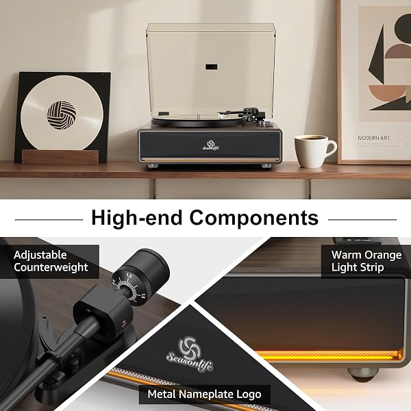 VINYL RECORD PLAYER BUILT IN HIFI STEREO SPEAKERS BT WIRELESS INPUT BELT DRIVE IRON PLATTER TURNTABLES FOR VINYLS RECORDS WITH MM AUDIO AT-3600L CARTRIDGE SOFT WARM LIGHT DESIGN WOODEN CREAM WALNUT