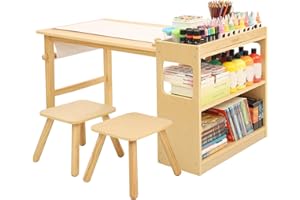 Bateso Kids Art Table and 2 Chairs Set with Roll Paper & Storage, Wooden Kid Craft Table for Drawing, Learning and Reading, Toddler Activity Play Desk for Home, Playroom or Classroom