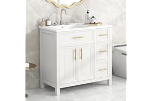 LUMISOL 36" Bathroom Vanity with Sink Combo, Single Bathroom Cabinet with Drawers & Doors, Solid Wood Bathroom Vanity with Ceramic Sink, Soft-Close Doors, White