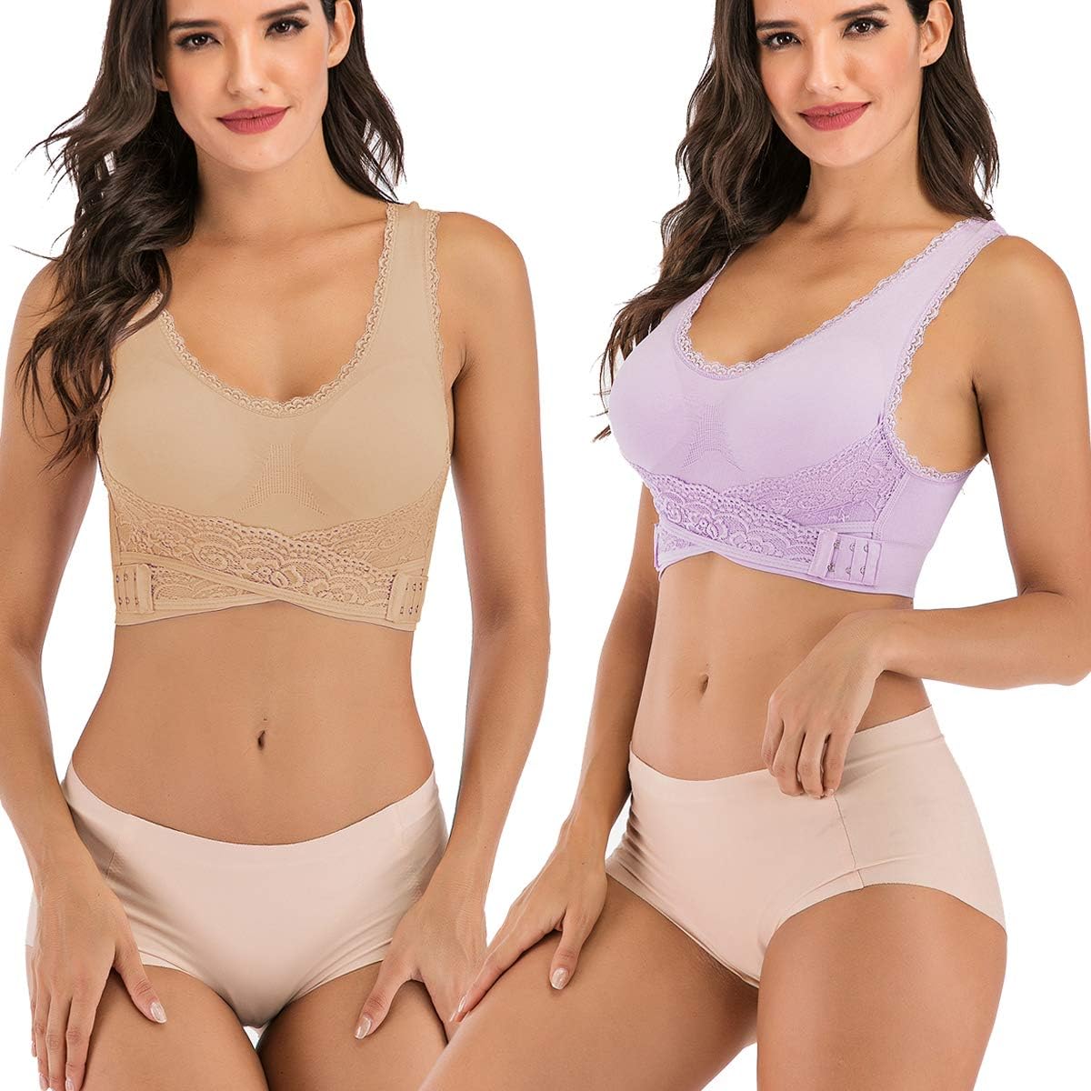 DODOING Women Seamless Front Cross Side Buckle Sport Bra Wireless Sexy Lace Yoga Running Bras with Removable Pads