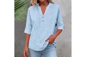 Linen Tops for Women Half Sleeve Button V Neck Henley Shirts 2026 Summer Sprint Dressy Casual Blouses Clothes