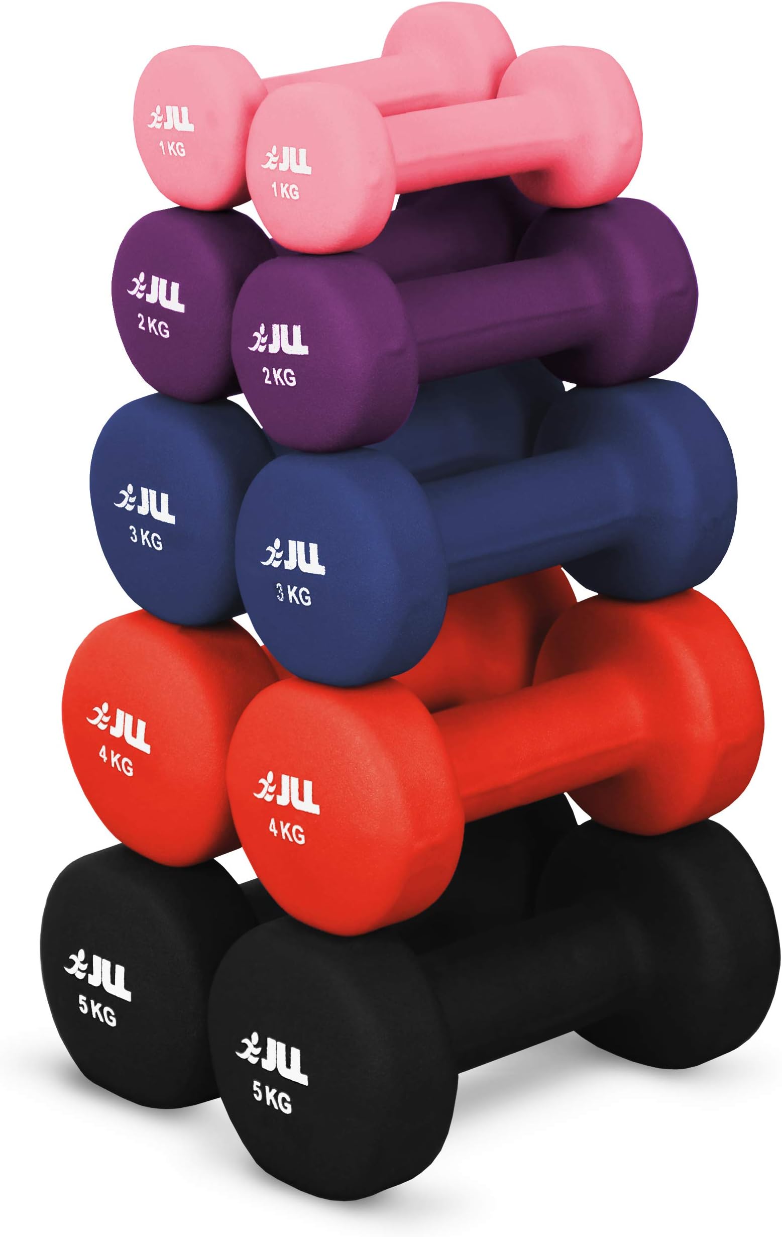 JLLยฎ Neoprene Coated Steel Dumbbells 1kg-5kg Pairs, Aerobic Workout, Weight Training, Fitness, Home Gym