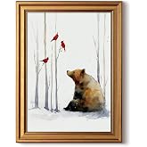 InSimSea Gold Framed Wall Art Watercolor Bear and Cardinals Artwork 12x16In | Vintage Watercolor Bear and Cardinals Wall Decor Rustic Tree Animal Canvas Print Paintings for Living Room Bedroom