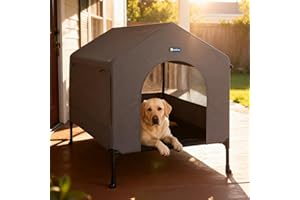 Veehoo 41" Dog House, 2-in-1 Large Dog House Outdoor Indoor Weatherproof, Outside Elevated Dog Cot Bed Dog Tent Shade, Three-Sided Breathable Mesh Windows and Sunshades, CWC2435CP
