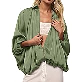 Tankaneo Womens Bomber Jackets Oversized Batwing Sleeve Zip Up Puffed Jacket Lapel Collar Pleated Outerwear