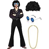 Eurzom Disco Costume Set Including Men's Disco Shiny Shirt Pant Funky Afro Wig Necklace Sunglasses for 60/70/80/90s Party