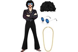 Eurzom Disco Costume Set Including Men's Disco Shiny Shirt Pant Funky Afro Wig Necklace Sunglasses for 60/70/80/90s Party