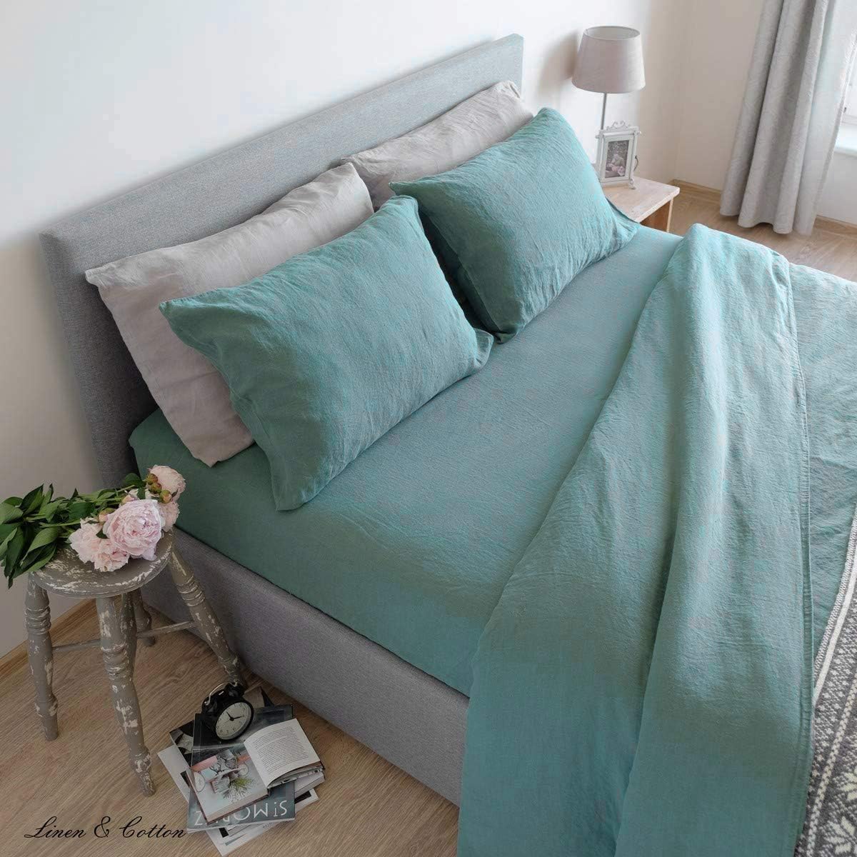 Linen & Cotton Duvet Cover Set ALICIA, 100% Stonewashed Linen - KING (230 x 220 cm), Mint Green - Image 5