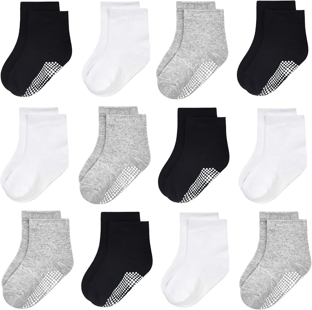N/Q Toddler Non-Slip Socks 12 Pairs Anti-Skid Crew 1-10 Years Black Grey White