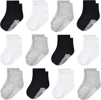 N/Q Toddler Non-Slip Socks 12 Pairs Anti-Skid Crew 1-10 Years Black Grey White