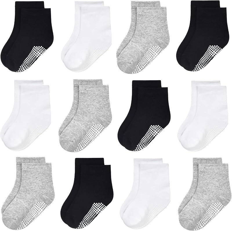 N/Q Toddler Non-Slip Socks 12 Pairs Anti-Skid Crew 1-10 Years Black Grey White