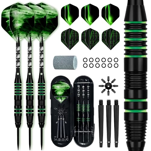 XAWU 3 Pack Steel Tip Darts Set with Case Professional Darts Set 22g with 9 Dart Flights 3 Aluminum Shafts 3 Spare Shafts 1 Dart Sharpener 12 Rubber O-Rings Flight Protector