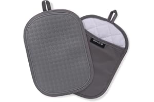 Hovico 2PCS Silicone Pot Holders, Oven Mitts Heat Resistant Hot Pads with Pockets, Non Slip Pot Holder for Kitchen Baking and Cooking| 9.8 x 7 Inches | Towel Cloth Interior Lining - Gray