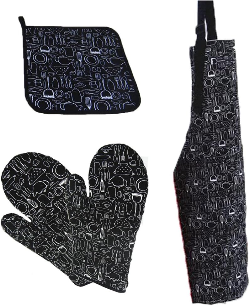 WasonD 4pcs/set 1 Pair Heat Resistant Kitchen Oven Gloves + Cotton Apron + Toaster Mitts Pot Holder for Cooking Baking Barbecue (Black)