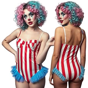 Qutichy Women's Circus Clown Cosplay Bodysuit Red White Striped One Piece Costume with Blue Ruffle Trim Strapless