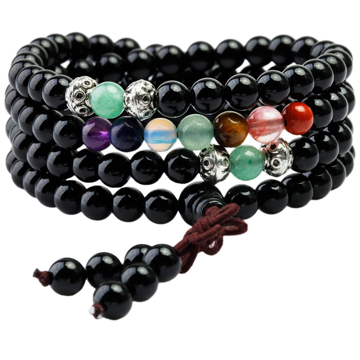 Shanxing 6mm Black Agate & Chakra Crystal 108 Prayer Beads Mala Wrap Bracelet for Men Women, Worry Beads Healing Crystal Bracelet Tibetan Buddhist Jewellery Gift Buddha Reiki Meditation Stone Necklace