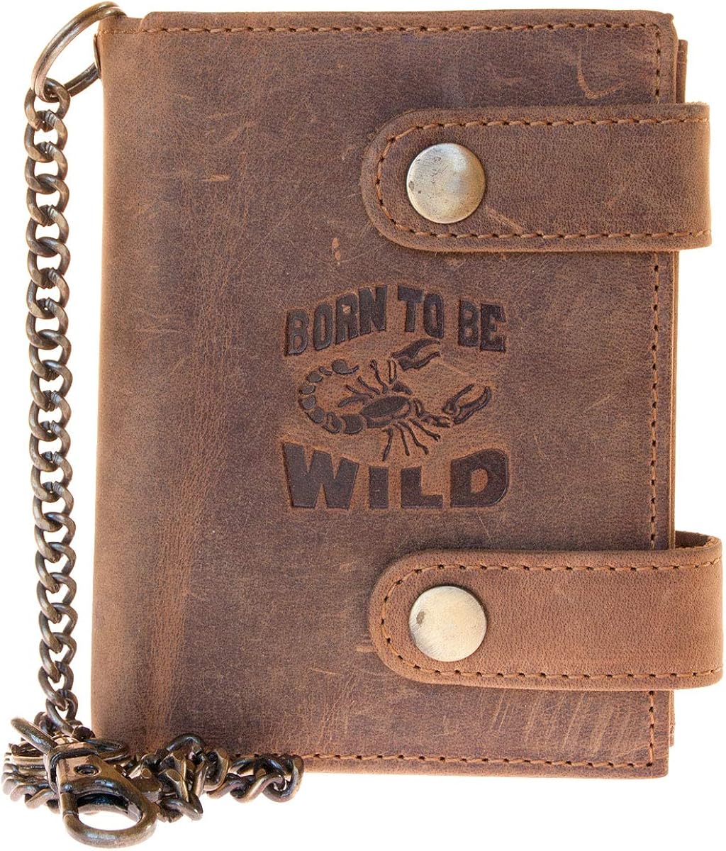 Born to be wild Men's Natural Genuine Leather Wallet with Metal Chain with Scorpion, Brown