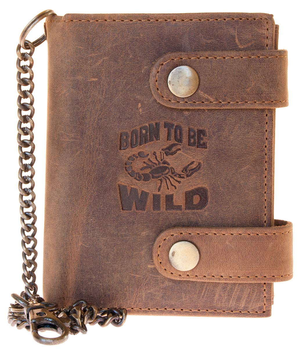 Born to be wild Men's Natural Genuine Leather Wallet with Metal Chain with Scorpion