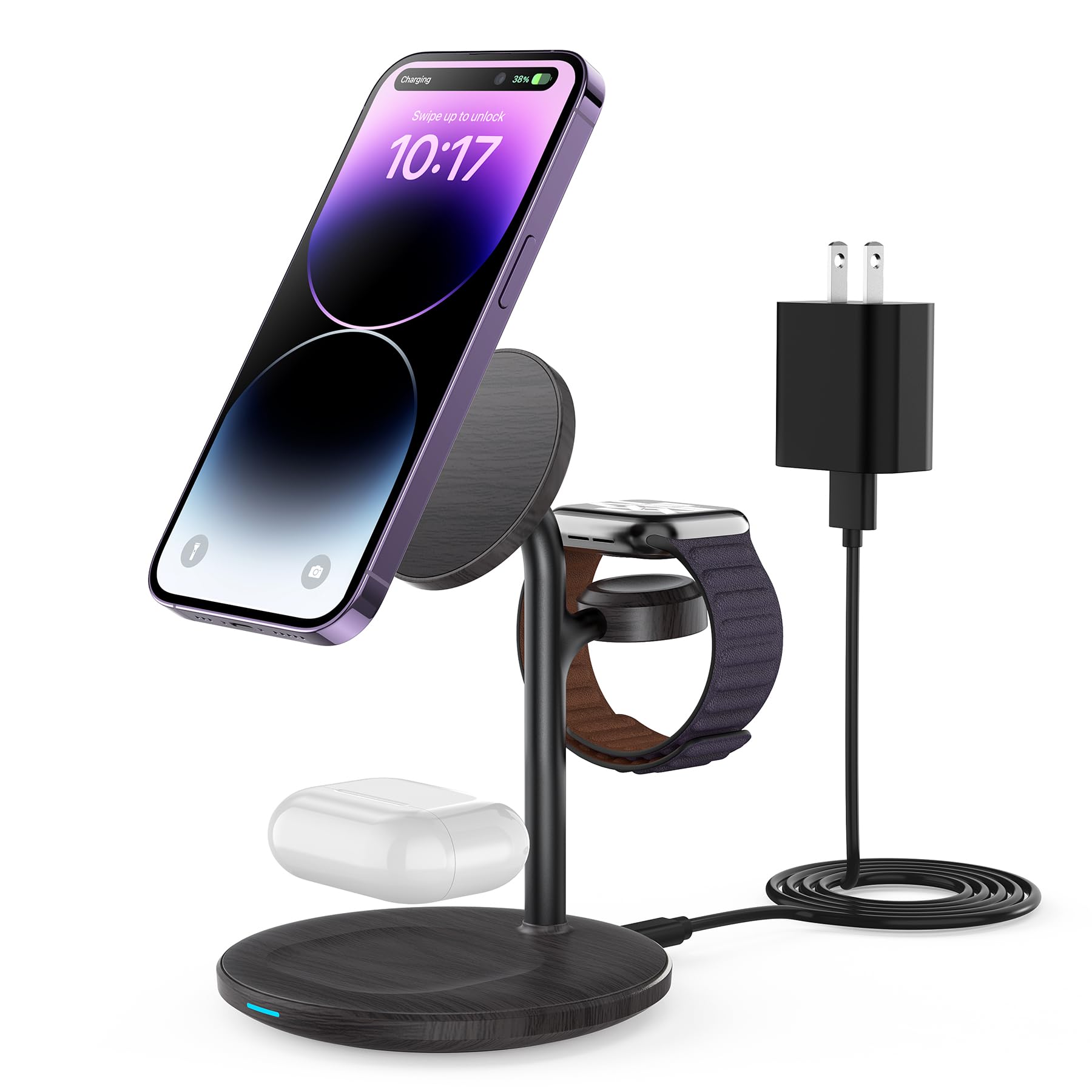 Photo 1 of 3 in 1 Wireless Charging Station for Apple Device, Standard 15W Fast Wireless Mag-Safe Charger Stand with 20W Adapter for iPhone 17 16 15 14 13 12, iWatch Ultra 1,2, S9/8.., AirPods (Black Wood Grain)