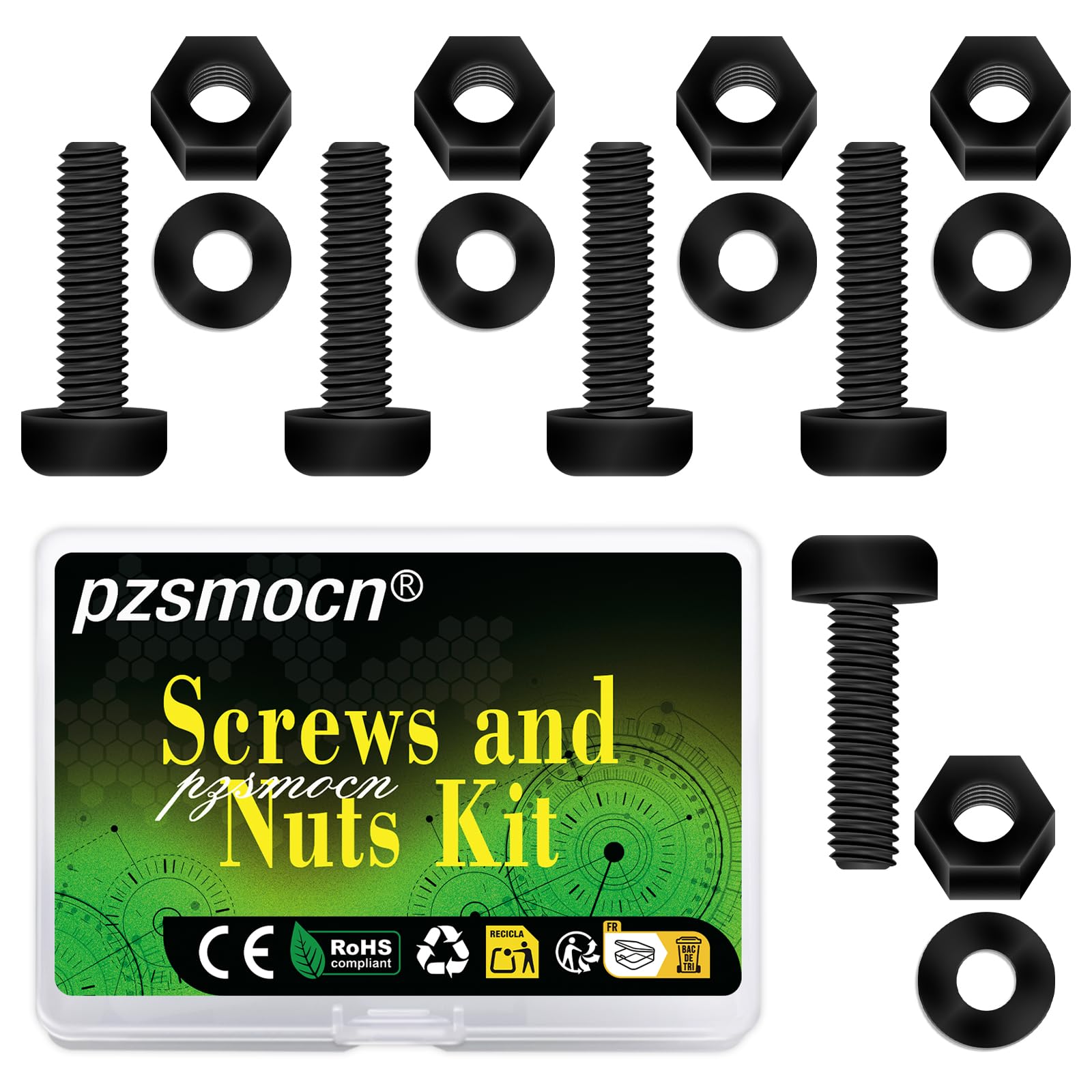 Pzsmocn 300 Pieces/100 Sets M2.5 * 16 mm Plastic Black Nylon Cross Round Head Screw Hexagonal Nut Combination Kit, with Insulating Washers, Standard Size, For DIY and Electronic Assembly.
