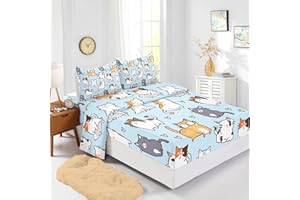 BailiPromise Cartoon Cat Bed Sheet Girls Boys Little Kitten Bedding Set for Teens Children Cute Cat Fitted Sheet Flat Sheet Kawaii Animal Bed Cover 4Pcs Twin Size