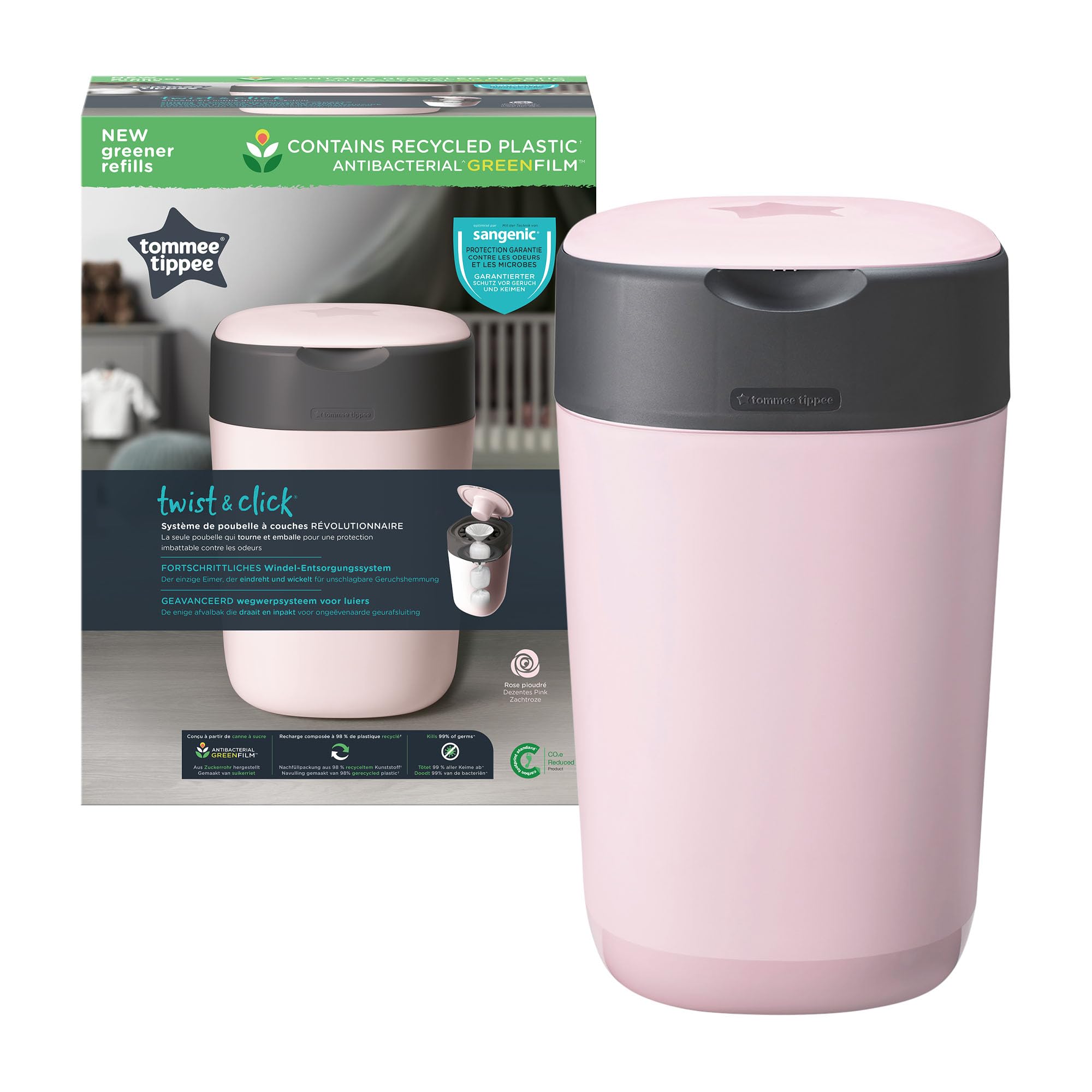 Tommee Tippee Twist and Click Nappy Bin, Includes 1x Refill Cassette with Multilayer, Antibacterial Film, 100% Recycled Chassis, Pink