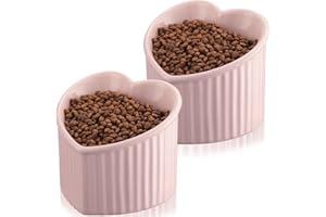 Mumufy 2 Pcs Ceramic Elevated Cat Bowls Tilted Elevated Raised Pet Bowls Anti Vomit Cat Dish for Indoor Stress Free Water Dish Feeder for Puppies, Heart Shaped(Pink)