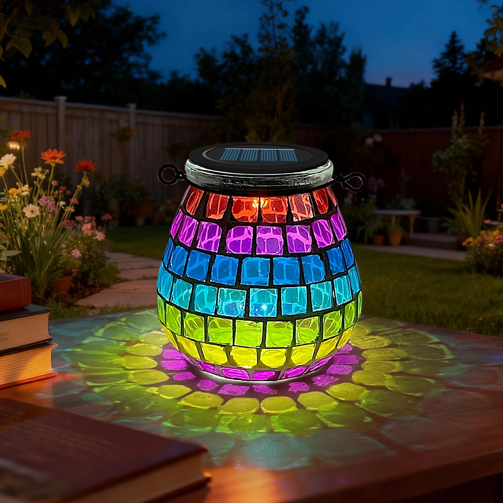 TOTHDATE 1PCS Oval Solar Mosaic Lights Outdoor, On/Off Glass Hanging Solar Mosaic Lanterns Lights IP65 Waterproof for Table Lawn Path Courtyard Deck Fence, Color Square Mosaic Light