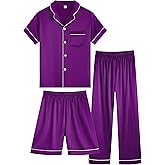 OEIU Girls Boys Silky Satin Pajamas Set 3 Pcs for Kid Children Silk pjs Set Sleepwear Button-up Nightwear