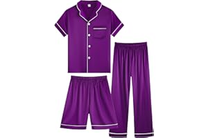 OEIU Girls Boys Silky Satin Pajamas Set 3 Pcs for Kid Children Silk pjs Set Sleepwear Button-up Nightwear