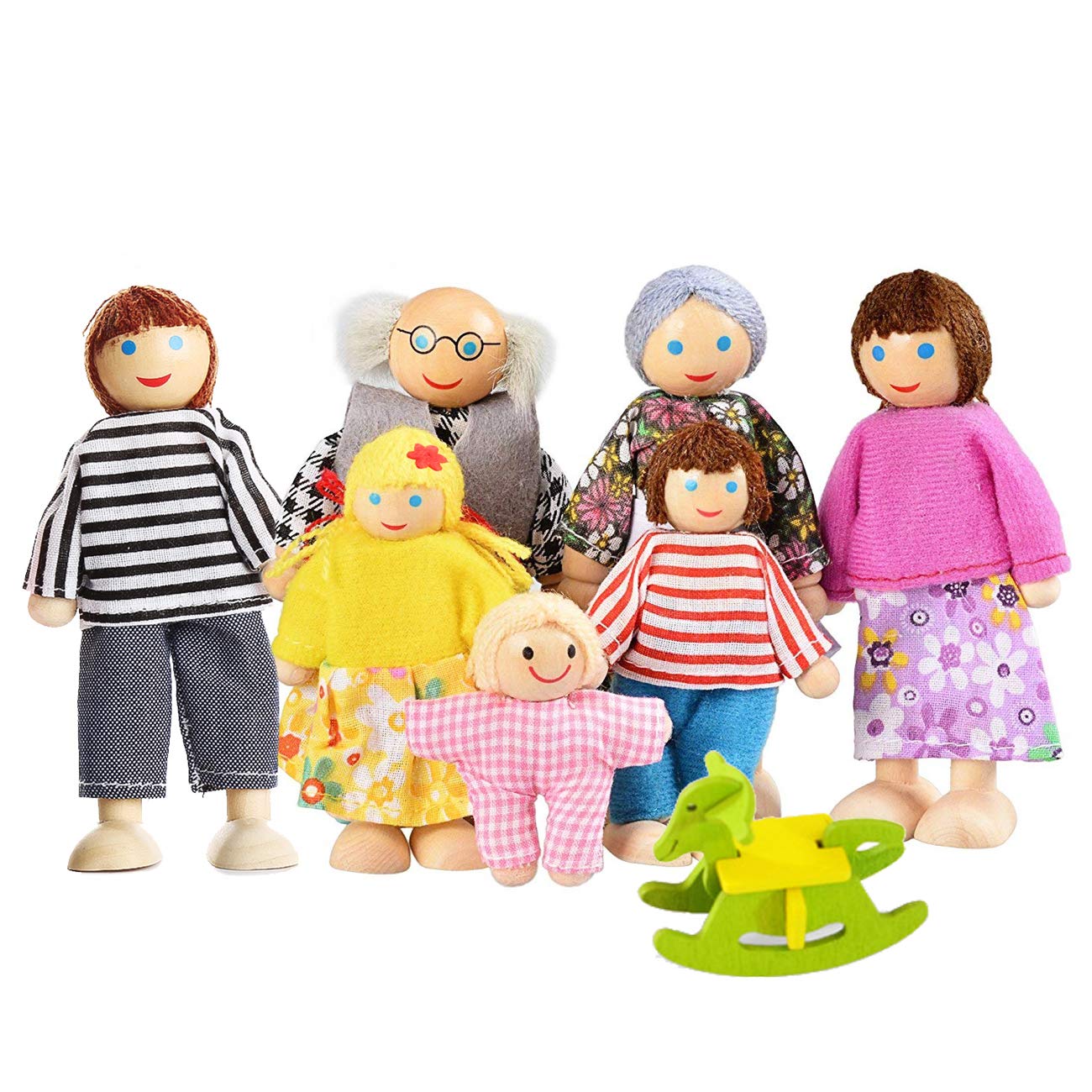 Watme Lovely Happy Family Dolls Playset Wooden Figures Set of 7 People for Kids Children Toddlers – Dollhouse Pretend Gift