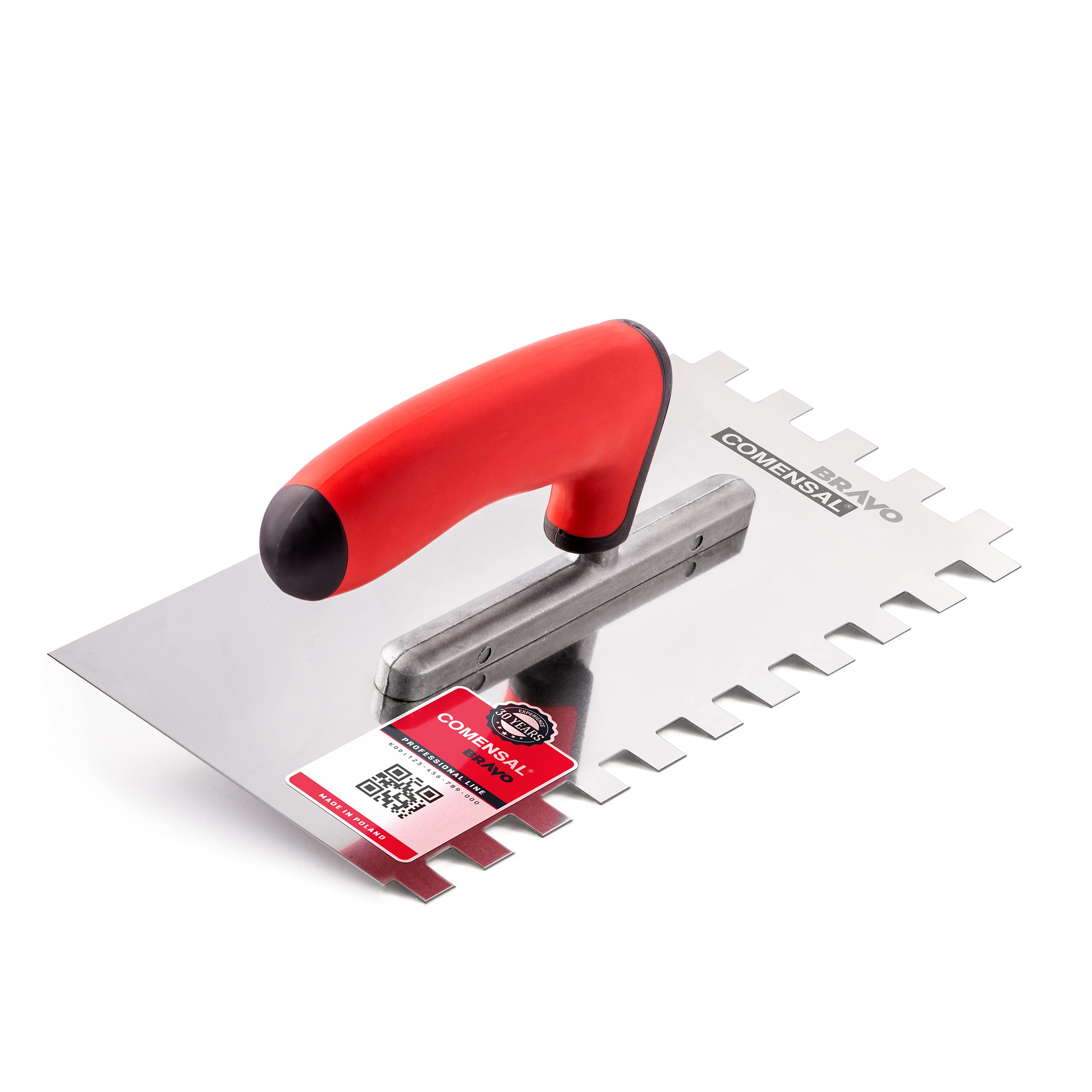 COMENSAL Notched Tiling Trowel 0.5"- Plastering Notched Trowel - Stainless Steel - Non-Slip Soft Grip - Made in EU - 12x12 mm