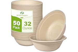 Greensight Large Disposable Paper Bowls 32oz - 50 Pack Heavy Duty Compostable for Hot and Cold Food, Biodegradable Made of Sugarcane