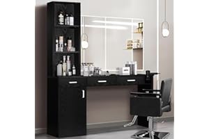 4ever2buy Barber Station for Hair Stylist, Salon Wall Station with Barber Cabinet, Hair Stations Equipment Hair Dryer Holder, Drawers, Wall Mount Barber Beauty Station, Mirror not Included, Black
