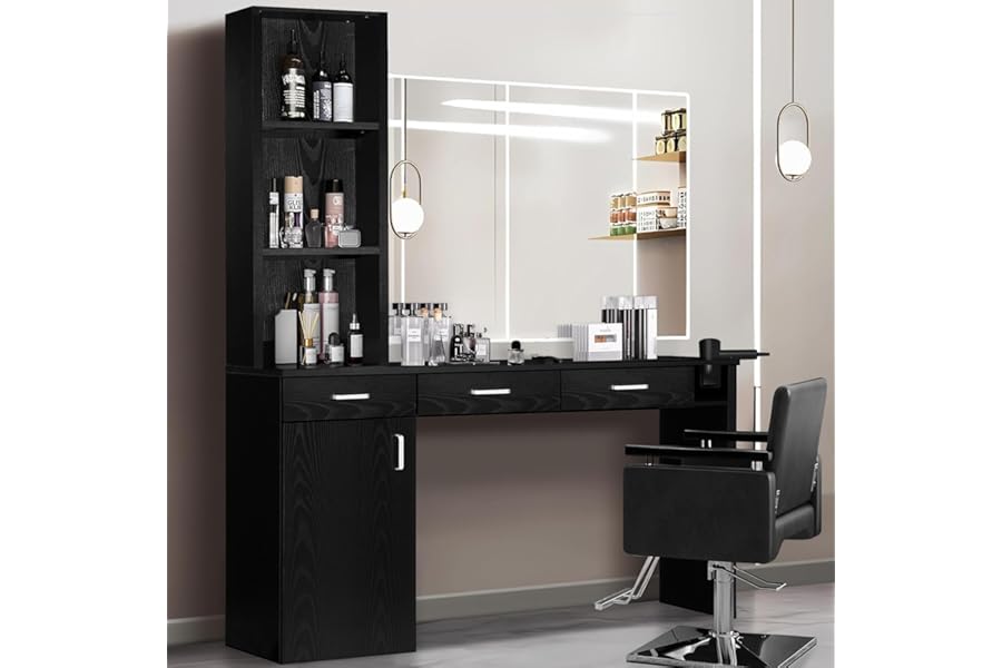 4ever2buy Barber Station for Hair Stylist, Salon Wall Station with Barber Cabinet, Hair Stations Equipment Hair Dryer Holder, Drawers, Wall Mount Barber Beauty Station, Mirror not Included, Black