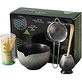 SWRONP Matcha Whisk Set,Matcha Set Includes Ceramic Bowl with Spout,Stainless Sifter,Scoop,Whisk and Holder,Complete 5 Pcs Japanese Matcha Kit Making Tools,White
