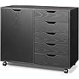 DEVAISE 5-Drawer Wood Dresser Chest with Door, Mobile Storage Cabinet, Printer Stand for Home Office, Black