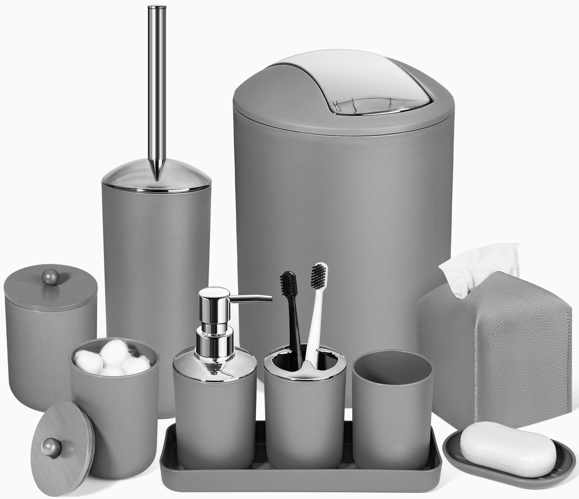 Photo 1 of ALPIRIRAL Grey Bathroom Accessories Set, 10Pcs Bathroom Accessory Set with Trash Can, Soap Dispenser and Toothbrush Holder, Soap Dish, Cotton Ball & Qtip Holder, Toilet Brush Holder, Tissue Box Cover